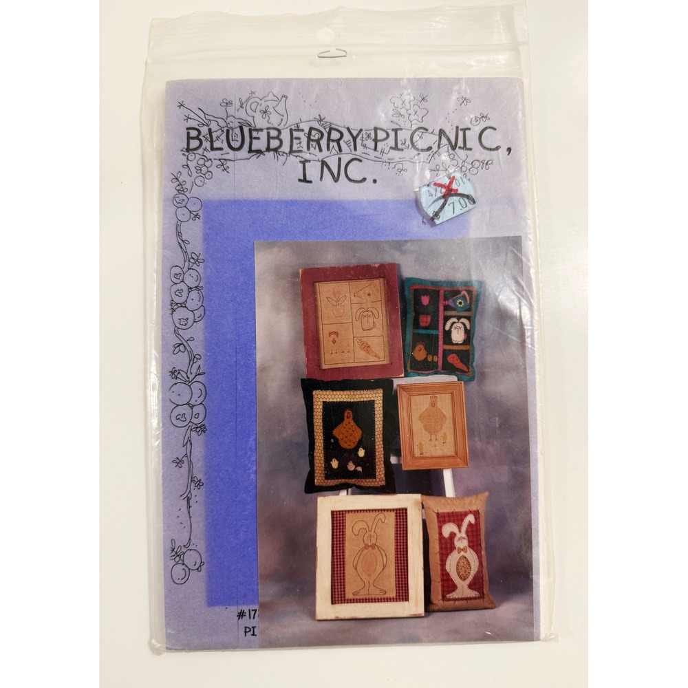 Blueberry Picnic Chicken & Friends Pattern OS Multicolor Folk Art Applique #178